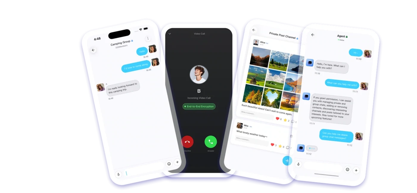 Direxio chat, call, channel, and Agent interface preview